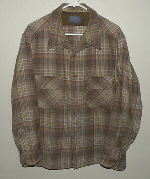 Vtg 70s Pendleton Wool Board Shirt Loop Collar Men’s XL Brown Shadow Plaid USA
